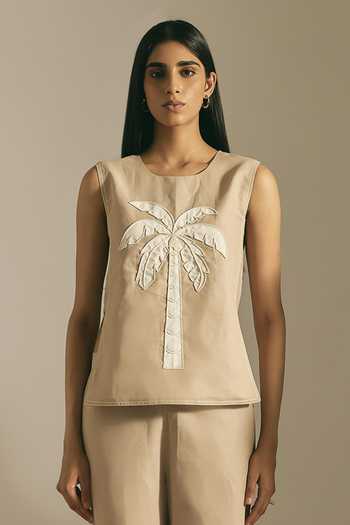 Buy Shimona Beige Viscose, Lace Round Neck Desert Palm Embroidered Top And Pant Set Online at Aza Fashions Buy_Shimona_Beige Viscose, Lace Round Neck Desert Palm Embroidered Top And Pant Set _Online_at_Aza_Fashions