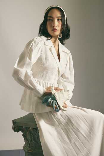 Buy Shimona White Cotton, Linen V-, Collared Cloud Poet Shirt And Skirt Set Online at Aza Fashions Buy_Shimona_White Cotton, Linen V-, Collared Cloud Poet Shirt And Skirt Set _Online_at_Aza_Fashions
