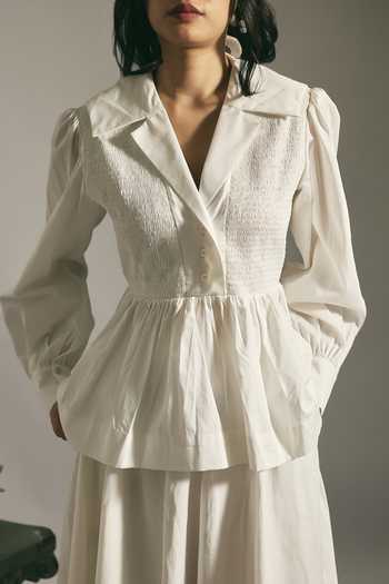 Shimona White Cotton, Linen V-, Collared Cloud Poet Shirt And Skirt Set at Aza Fashions Shimona_White Cotton, Linen V-, Collared Cloud Poet Shirt And Skirt Set _at_Aza_Fashions