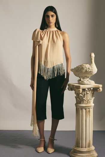 Buy Shimona Beige Silk, Chanderi Halter Neck Desert Draped Top Online at Aza Fashions Buy_Shimona_Beige Silk, Chanderi Halter Neck Desert Draped Top _Online_at_Aza_Fashions