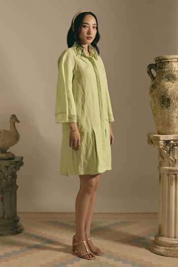 Shimona Green Silk, Chanderi Collared Neck Lime Reverie Shirt Dress Online at Aza Fashions Shimona_Green Silk, Chanderi Collared Neck Lime Reverie Shirt Dress _Online_at_Aza_Fashions