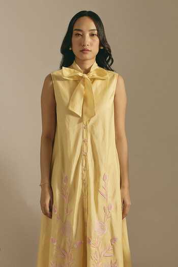 Shimona Yellow Silk, Chanderi High Neck Mango Mirage Applique Work Dress Online at Aza Fashions Shimona_Yellow Silk, Chanderi High Neck Mango Mirage Applique Work Dress _Online_at_Aza_Fashions