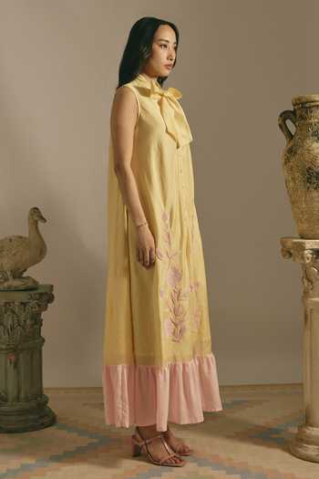 Buy Shimona Yellow Silk, Chanderi High Neck Mango Mirage Applique Work Dress Online at Aza Fashions Buy_Shimona_Yellow Silk, Chanderi High Neck Mango Mirage Applique Work Dress _Online_at_Aza_Fashions