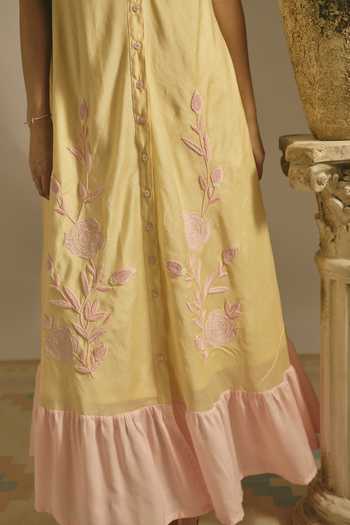 Shop Shimona Yellow Silk, Chanderi High Neck Mango Mirage Applique Work Dress Online at Aza Fashions Shop_Shimona_Yellow Silk, Chanderi High Neck Mango Mirage Applique Work Dress _Online_at_Aza_Fashions