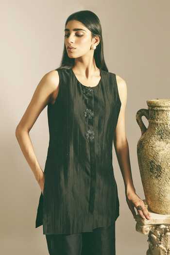 Shop Shimona Black Silk, Georgette Round Neck Narrow Block Top And Trouser Set Online at Aza Fashions Shop_Shimona_Black Silk, Georgette Round Neck Narrow Block Top And Trouser Set _Online_at_Aza_Fashions