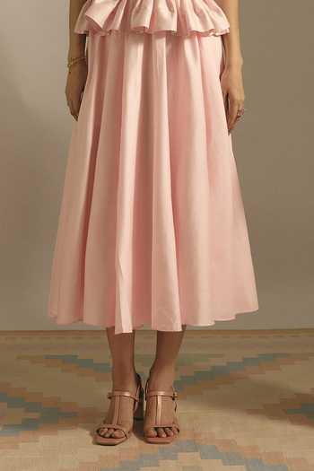 Shimona Pink Cotton, Denim Round , Keyhole Rose Block Top And Skirt Set Online at Aza Fashions Shimona_Pink Cotton, Denim Round , Keyhole Rose Block Top And Skirt Set _Online_at_Aza_Fashions