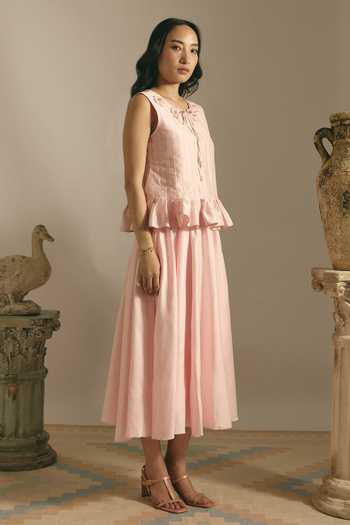 Buy Shimona Pink Cotton, Denim Round , Keyhole Rose Block Top And Skirt Set Online at Aza Fashions Buy_Shimona_Pink Cotton, Denim Round , Keyhole Rose Block Top And Skirt Set _Online_at_Aza_Fashions