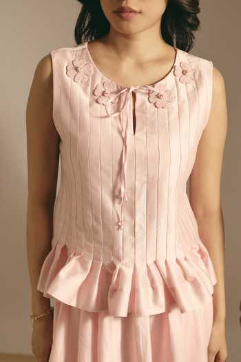 Shimona Pink Cotton, Denim Round , Keyhole Rose Block Top And Skirt Set at Aza Fashions Shimona_Pink Cotton, Denim Round , Keyhole Rose Block Top And Skirt Set _at_Aza_Fashions