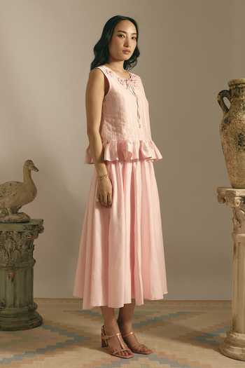 Buy Shimona Pink Cotton, Linen Round , Keyhole Rose Block Top Online at Aza Fashions Buy_Shimona_Pink Cotton, Linen Round , Keyhole Rose Block Top _Online_at_Aza_Fashions