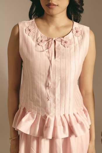 Shop Shimona Pink Cotton, Linen Round , Keyhole Rose Block Top Online at Aza Fashions Shop_Shimona_Pink Cotton, Linen Round , Keyhole Rose Block Top _Online_at_Aza_Fashions