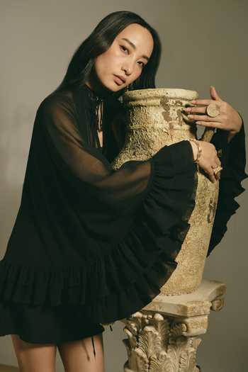 Shimona Black Silk, Cotton High Neck Midnight Ruffle Cape Dress Online at Aza Fashions Shimona_Black Silk, Cotton High Neck Midnight Ruffle Cape Dress _Online_at_Aza_Fashions