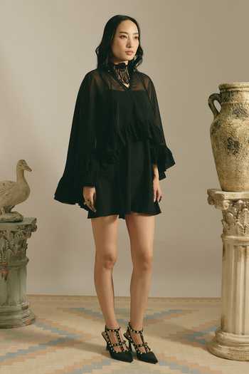 Buy Shimona Black Silk, Cotton High Neck Midnight Ruffle Cape Dress Online at Aza Fashions Buy_Shimona_Black Silk, Cotton High Neck Midnight Ruffle Cape Dress _Online_at_Aza_Fashions