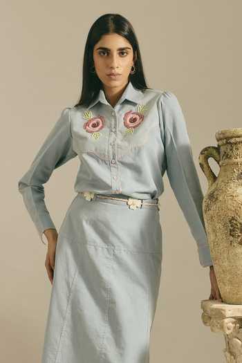 Shimona Blue Silk, Cotton Collared Neck Rose Bloom Denim Top And Skirt Set Online at Aza Fashions Shimona_Blue Silk, Cotton Collared Neck Rose Bloom Denim Top And Skirt Set _Online_at_Aza_Fashions