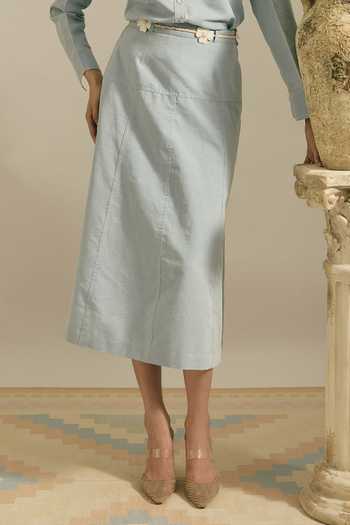 Buy Shimona Blue Silk, Cotton Collared Neck Rose Bloom Denim Top And Skirt Set Online at Aza Fashions Buy_Shimona_Blue Silk, Cotton Collared Neck Rose Bloom Denim Top And Skirt Set _Online_at_Aza_Fashions