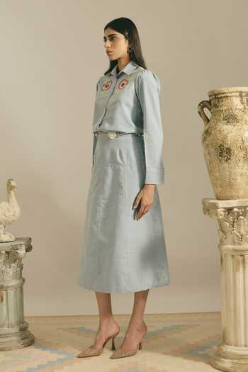 Shop Shimona Blue Silk, Cotton Collared Neck Rose Bloom Denim Top And Skirt Set Online at Aza Fashions Shop_Shimona_Blue Silk, Cotton Collared Neck Rose Bloom Denim Top And Skirt Set _Online_at_Aza_Fashions