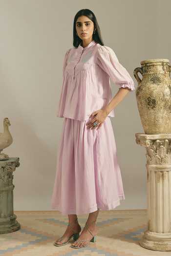 Buy Shimona Purple Cotton, Linen Mandarin Collar Hand Embroidered Top And Skirt Set Online at Aza Fashions Buy_Shimona_Purple Cotton, Linen Mandarin Collar Hand Embroidered Top And Skirt Set _Online_at_Aza_Fashions