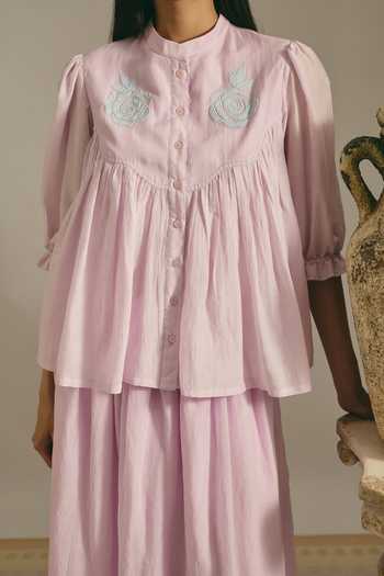 Shop Shimona Purple Cotton, Linen Mandarin Collar Hand Embroidered Top And Skirt Set Online at Aza Fashions Shop_Shimona_Purple Cotton, Linen Mandarin Collar Hand Embroidered Top And Skirt Set _Online_at_Aza_Fashions