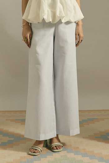 Shimona White Cotton, Linen Boat Neck Blue Vintage Embroidered Top And Trouser Set Online at Aza Fashions Shimona_White Cotton, Linen Boat Neck Blue Vintage Embroidered Top And Trouser Set _Online_at_Aza_Fashions