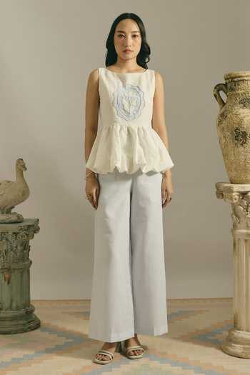 Shimona Blue Vintage Embroidered Top & Trouser Set 
