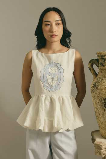 Shimona White Cotton, Linen Square Neck Blue Vintage Balloon Top Online at Aza Fashions Shimona_White Cotton, Linen Square Neck Blue Vintage Balloon Top _Online_at_Aza_Fashions