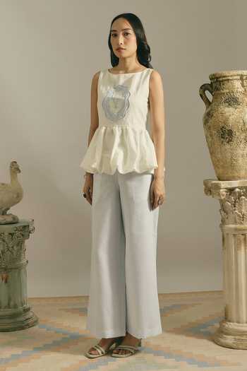 Buy Shimona White Cotton, Linen Square Neck Blue Vintage Balloon Top Online at Aza Fashions Buy_Shimona_White Cotton, Linen Square Neck Blue Vintage Balloon Top _Online_at_Aza_Fashions