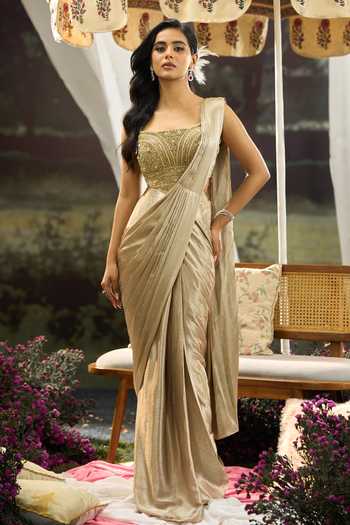 Aariyana Couture Pre-Draped Silk Saree With Embroidered Blouse