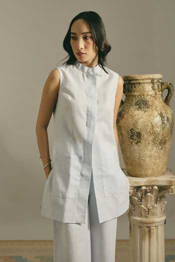 Buy Shimona Blue Viscose, Lace Mandarin Collar Powder Top And Pant Set Online at Aza Fashions Buy_Shimona_Blue Viscose, Lace Mandarin Collar Powder Top And Pant Set _Online_at_Aza_Fashions