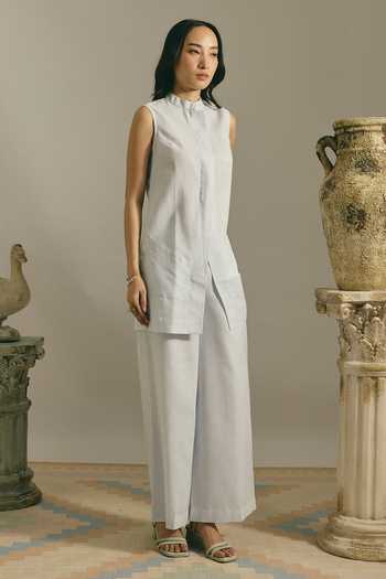 Shop Shimona Blue Viscose, Lace Mandarin Collar Powder Top And Pant Set Online at Aza Fashions Shop_Shimona_Blue Viscose, Lace Mandarin Collar Powder Top And Pant Set _Online_at_Aza_Fashions