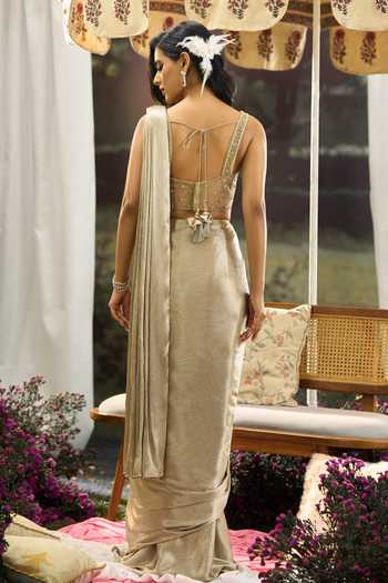 Aariyana Couture Pre-Draped Silk Saree With Embroidered Blouse