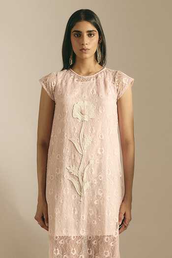 Shimona Pink Viscose, Lace Round Neck Sheer Blush Fringe Dress Online at Aza Fashions Shimona_Pink Viscose, Lace Round Neck Sheer Blush Fringe Dress _Online_at_Aza_Fashions