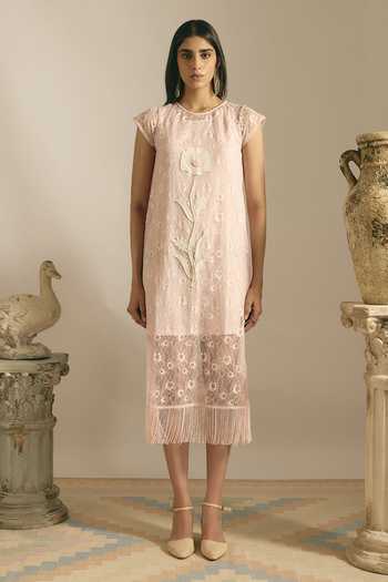 Buy Shimona Pink Viscose, Lace Round Neck Sheer Blush Fringe Dress Online at Aza Fashions Buy_Shimona_Pink Viscose, Lace Round Neck Sheer Blush Fringe Dress _Online_at_Aza_Fashions