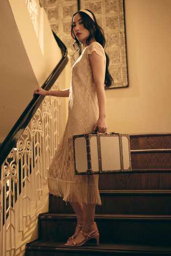 Shimona Beige Viscose, Lace Round Neck Sheer Desert Fringe Dress Online at Aza Fashions Shimona_Beige Viscose, Lace Round Neck Sheer Desert Fringe Dress _Online_at_Aza_Fashions