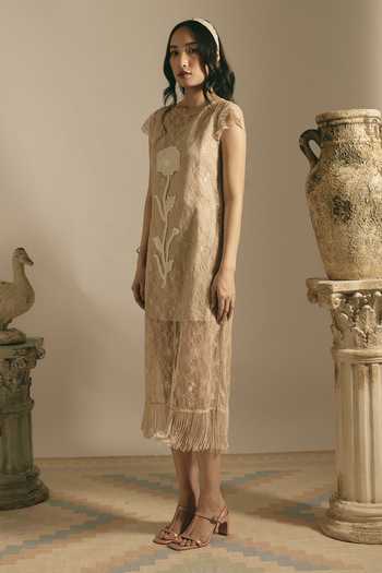 Buy Shimona Beige Viscose, Lace Round Neck Sheer Desert Fringe Dress Online at Aza Fashions Buy_Shimona_Beige Viscose, Lace Round Neck Sheer Desert Fringe Dress _Online_at_Aza_Fashions