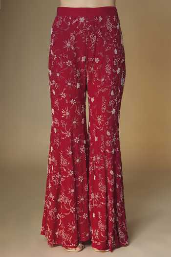 Renee label Red Viscose Georgette, Net Leaf Neck, Yes Floral Embroidered Kurta Sharara Set Online at Aza Fashions Renee label_Red Viscose Georgette, Net Leaf Neck, Yes Floral Embroidered Kurta Sharara Set _Online_at_Aza_Fashions