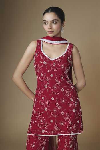 Buy Renee label Red Viscose Georgette, Net Leaf Neck, Yes Floral Embroidered Kurta Sharara Set Online at Aza Fashions Buy_Renee label_Red Viscose Georgette, Net Leaf Neck, Yes Floral Embroidered Kurta Sharara Set _Online_at_Aza_Fashions