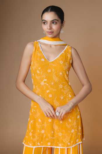 Buy Renee label Yellow Viscose Georgette, Net V-neck, Yes Floral Embroidered Kurta Sharara Set Online at Aza Fashions Buy_Renee label_Yellow Viscose Georgette, Net V-neck, Yes Floral Embroidered Kurta Sharara Set _Online_at_Aza_Fashions
