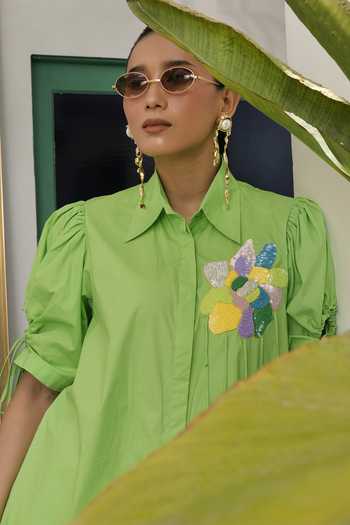 BAHAARA BY DIVYA NARULA_Green Cotton, Poplin Collared Neck Zinnia Lime Shirt Dress _Online_at_Aza_Fashions