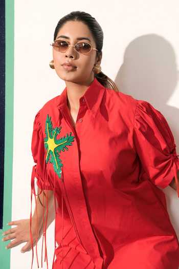 BAHAARA BY DIVYA NARULA_Red Cotton, Poplin Collared Neck Azalea Shirt Dress _Online_at_Aza_Fashions