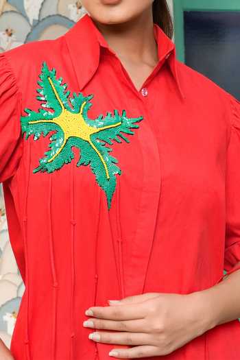 Buy_BAHAARA BY DIVYA NARULA_Red Cotton, Poplin Collared Neck Azalea Shirt Dress _Online_at_Aza_Fashions