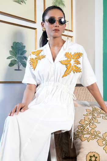 Shop_BAHAARA BY DIVYA NARULA_Ivory Cotton, Poplin V-, Collared Cerelia Gathered Dress _Online_at_Aza_Fashions