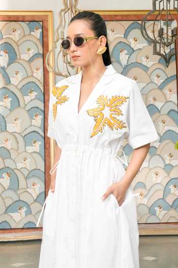 BAHAARA BY DIVYA NARULA_Ivory Cotton, Poplin V-, Collared Cerelia Gathered Dress _at_Aza_Fashions