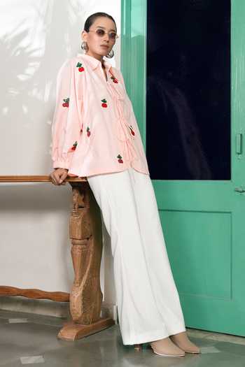 BAHAARA BY DIVYA NARULA_Pink Cotton, Poplin Collared Neck Alina Cherry Tie Up Shirt _Online_at_Aza_Fashions