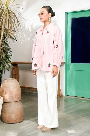 Buy_BAHAARA BY DIVYA NARULA_Pink Cotton, Poplin Collared Neck Alina Cherry Tie Up Shirt _Online_at_Aza_Fashions