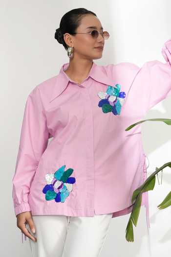 BAHAARA BY DIVYA NARULA_Purple Cotton, Poplin Collared Neck Elsa Floral Drawstring Shirt _Online_at_Aza_Fashions