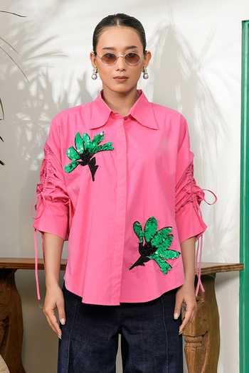 BAHAARA BY DIVYA NARULA_Pink Cotton, Poplin Collared Neck Florence Tropical Drawstring Shirt _Online_at_Aza_Fashions