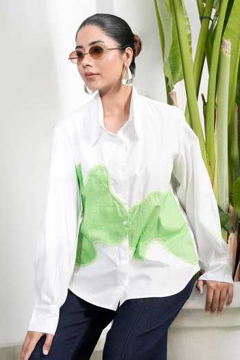 BAHAARA BY DIVYA NARULA_Ivory Cotton, Poplin Collared Neck Talia Abstract Wave Panel Shirt _Online_at_Aza_Fashions