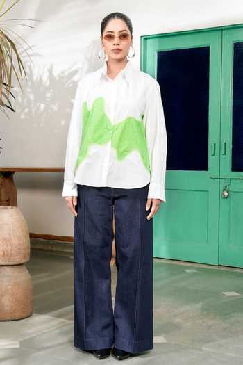 Buy_BAHAARA BY DIVYA NARULA_Ivory Cotton, Poplin Collared Neck Talia Abstract Wave Panel Shirt _Online_at_Aza_Fashions