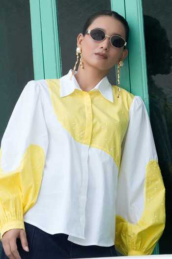 BAHAARA BY DIVYA NARULA_Ivory Cotton, Poplin Collared Neck Iris Curved Panel Shirt _at_Aza_Fashions