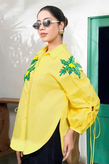 BAHAARA BY DIVYA NARULA_Yellow Cotton, Poplin Collared Neck Hailey Lemon Drawstring Shirt _Online_at_Aza_Fashions