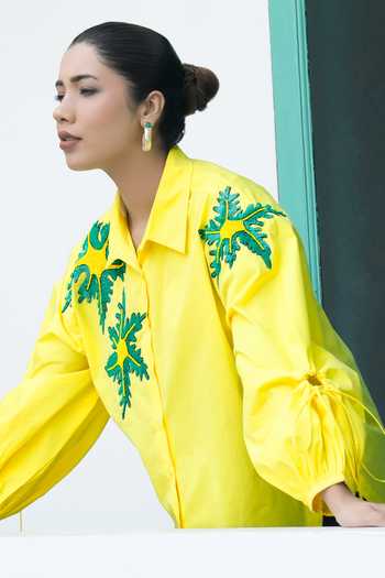 Buy_BAHAARA BY DIVYA NARULA_Yellow Cotton, Poplin Collared Neck Hailey Lemon Drawstring Shirt _Online_at_Aza_Fashions